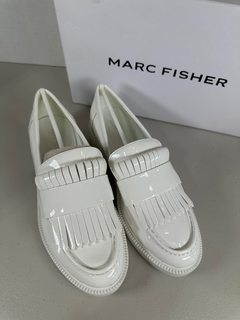 Marc Fisher White Patent Kiltie Loafers with Fringe